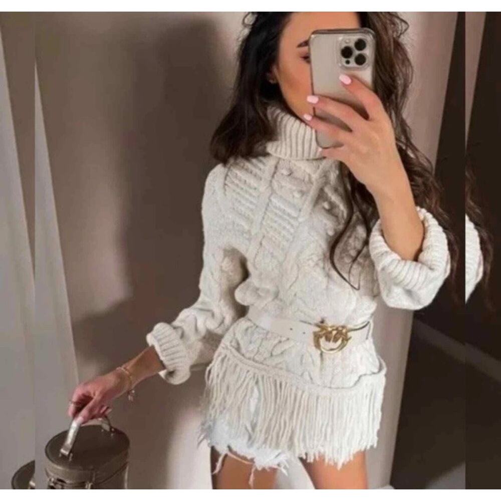 Zara Fisherman Sweater Cream Chunky Knit Fringed Hem Small - Picture 1 of 10